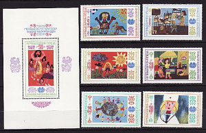 Болгария, 1985, Международная детская Ассамблея "Знамя мира", Рисунки детей, 6 марок, блок
